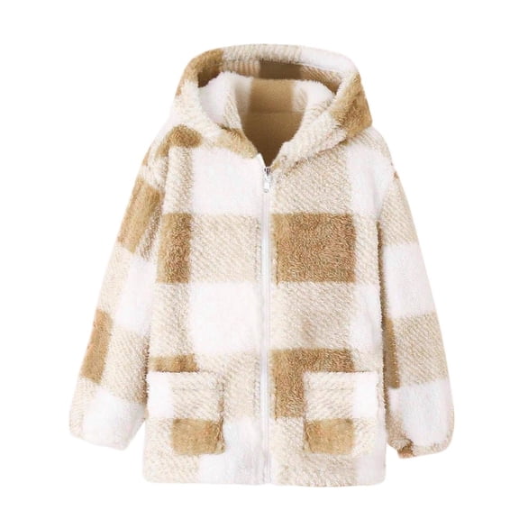 XUNKUSGA Girls Jacket 8-13 Years Double Sided Fleece Plaid Girls Fall Jacket Full Zip-Up Top with Pockets Long Sleeve Hooded Jacket with Earclothing Girls Clothes