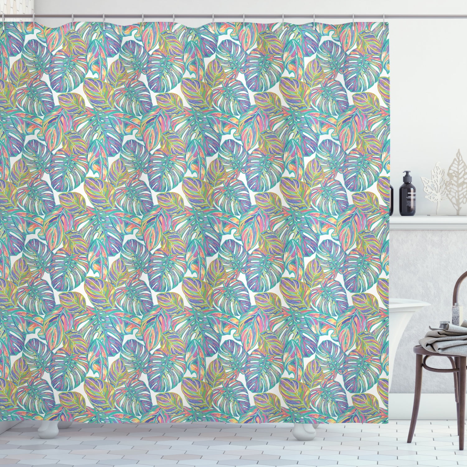 Crazy Shower Curtain, Exotic Monstera Leaf Pattern with Watercolor