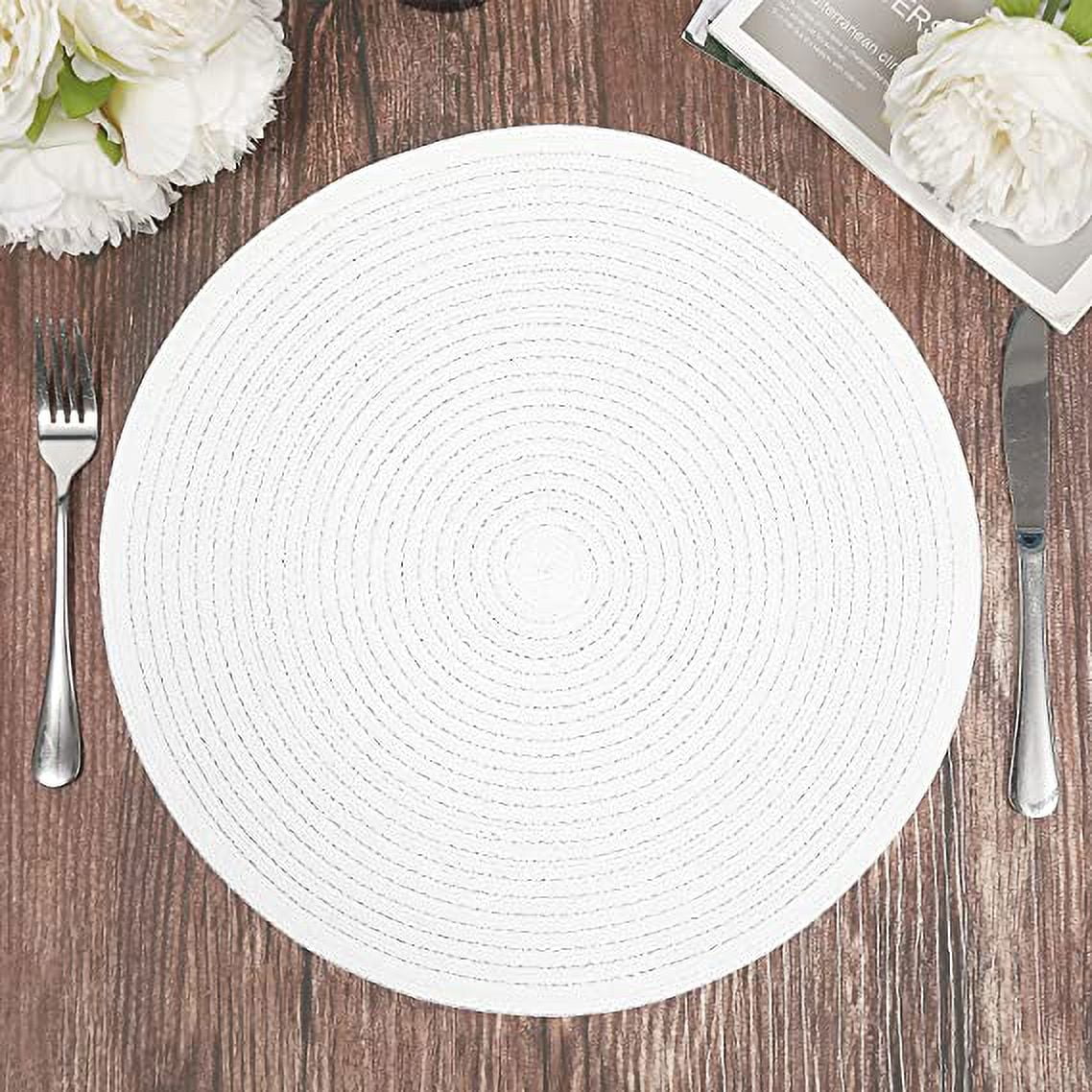 Namzi Round Braided Placemats Set of 6 Round Table Mats for Dining Table 15 inch Washable Cotton Polyester Place Mat (White, 6)