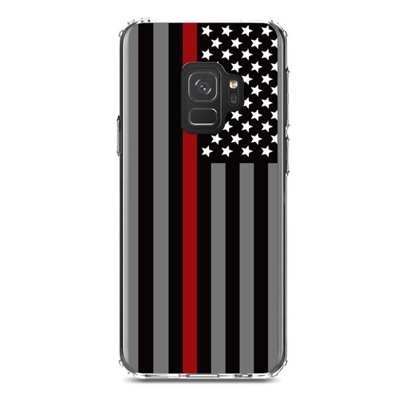 DistinctInk Clear Shockproof Hybrid Case for Samsung Galaxy S9 (5.8" Screen) - TPU Bumper, Acrylic Back, Tempered Glass Screen Protector - Thin Red Line US Flag Fire Rescue - First Responders