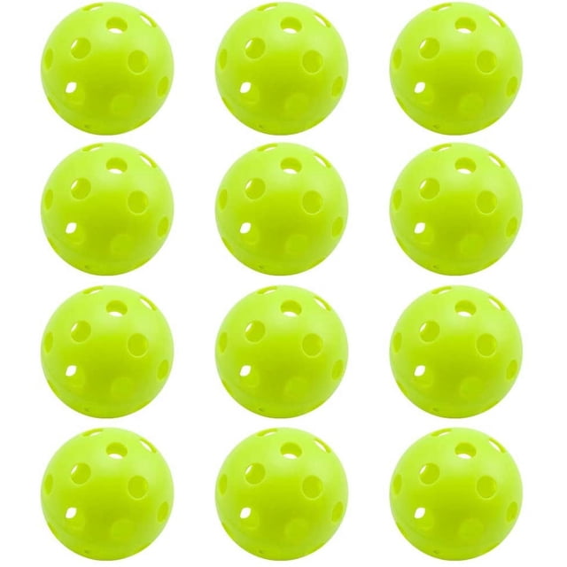 paquete de 12 pelotas de béisbol de plástico para práctica de entrenamiento verde, vista 3x4 de pelotas huecas con orificios circulares y superficie lisa, tamaño reglamentario 9" circunferencia (2.75" / 7 cm diámetro), para lanzamiento, bateo y pickleball interior; seguras para uso en interiores y exteriores.