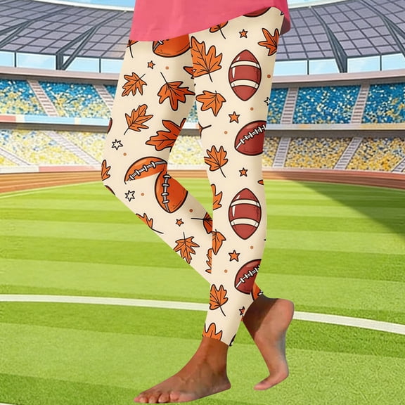 Xdegoge Fall Leaf Football Leggings for Women High Waist Game Day Tights Thanksgiving Printed Yoga Pants Sports Fan Casual Activewear