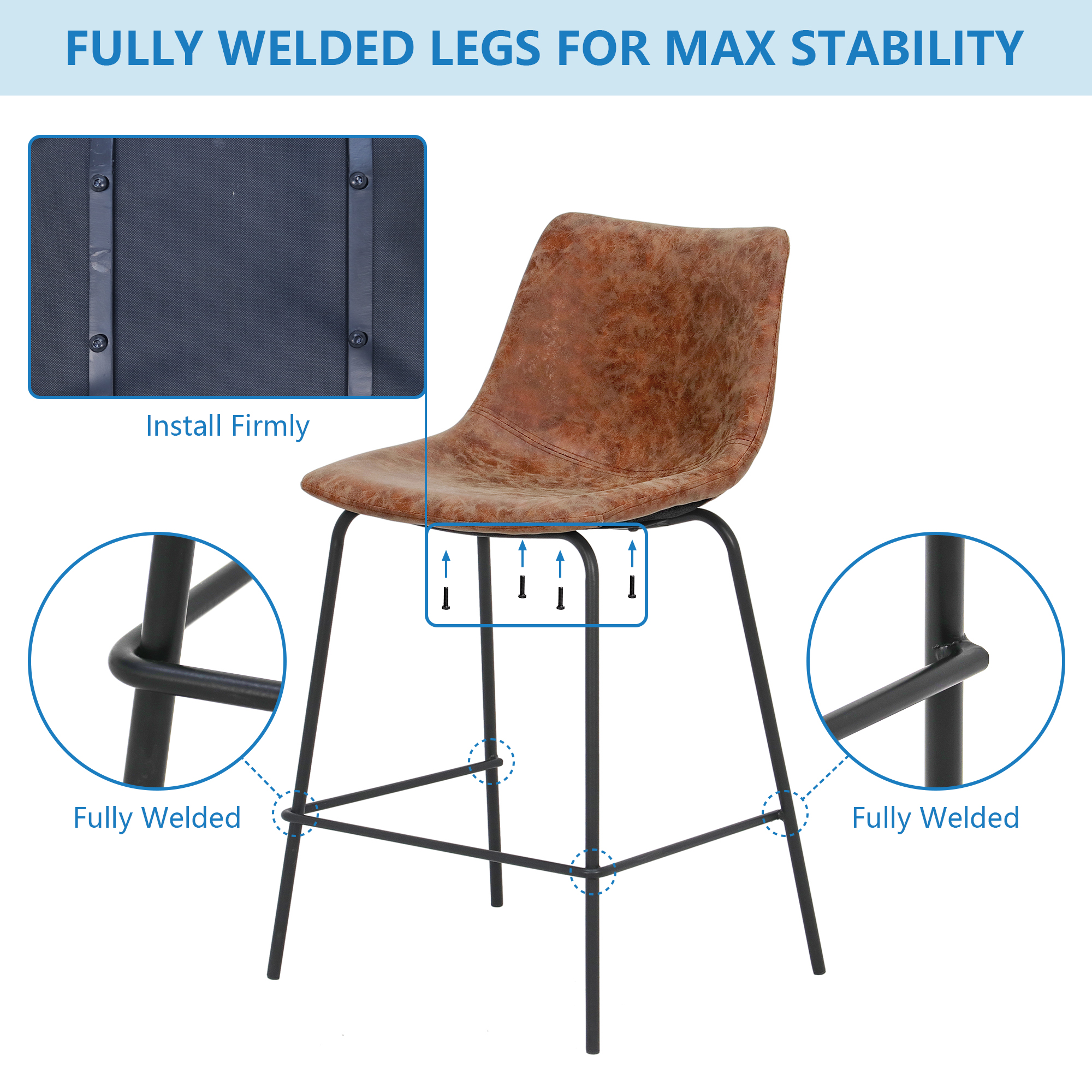 Abble 24 inch Bar Stools Set of 2, Faux Leather Upholstered Low Back Kitchen Counter Height Stools with Sled Base, Floor-Scratch Protection,  Camel