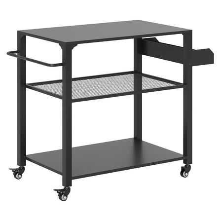 Outdoor Grill Cart with Storage - Movable Pizza Oven Table - 3-Tier Steel Kitchen Island - Black