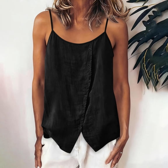Summer Cotton Linen Tank Tops for Women Spaghetti Strap Adjustable Camisoles Womens Scoop Neck Sleeveless Button Down Shirts