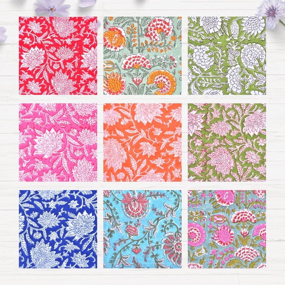 Vivanta Cotton Block Print Dinner Napkins, Floral, Set of 10, 16x16 Inch, Washable Reusable Cloth Napkins for Wedding, Party, Farmhouse Decor
