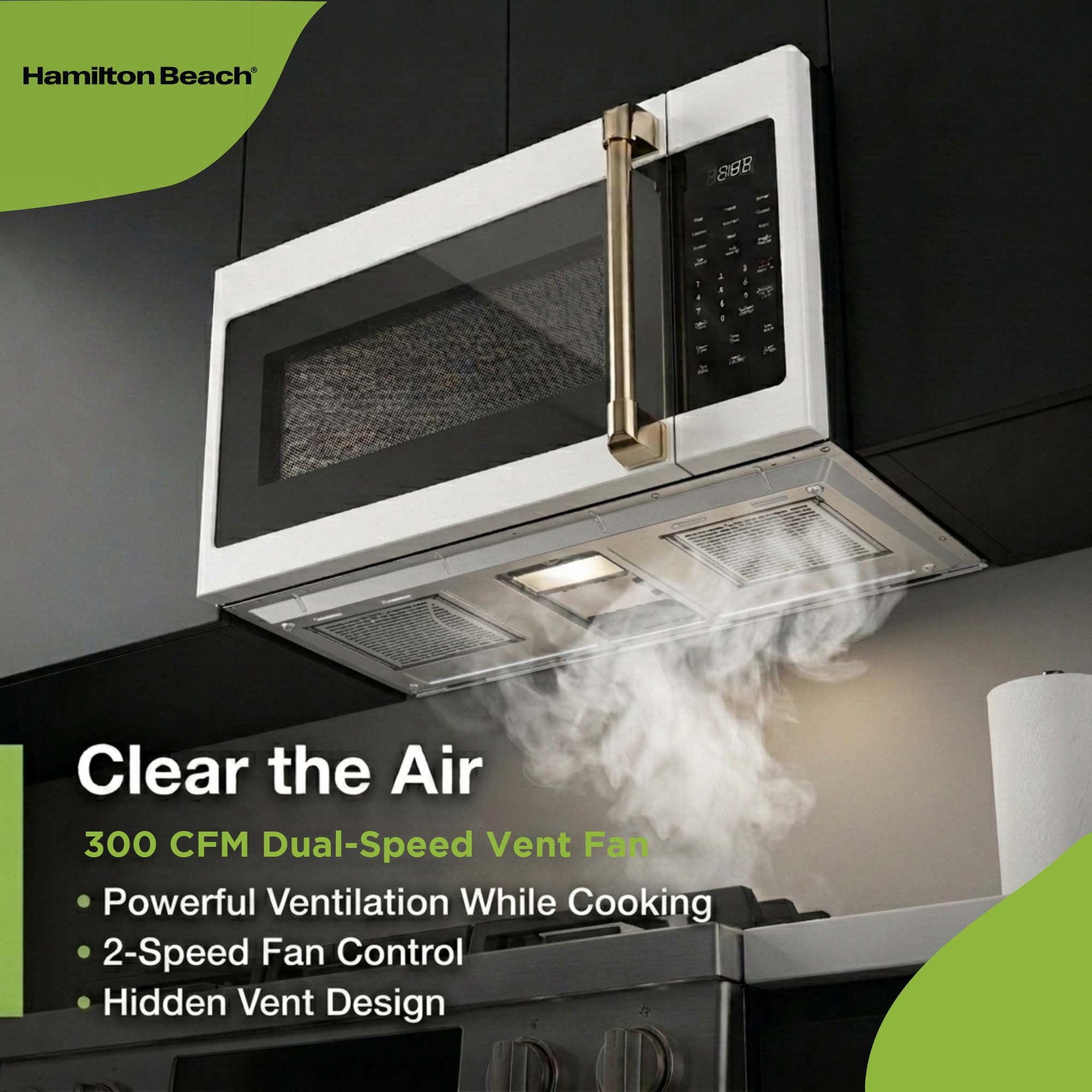 Hamilton Beach 30” 1.7 Cu. ft. 300 CFM Over the Range Microwave, 1000 Watt Microwave with 10 Power Levels