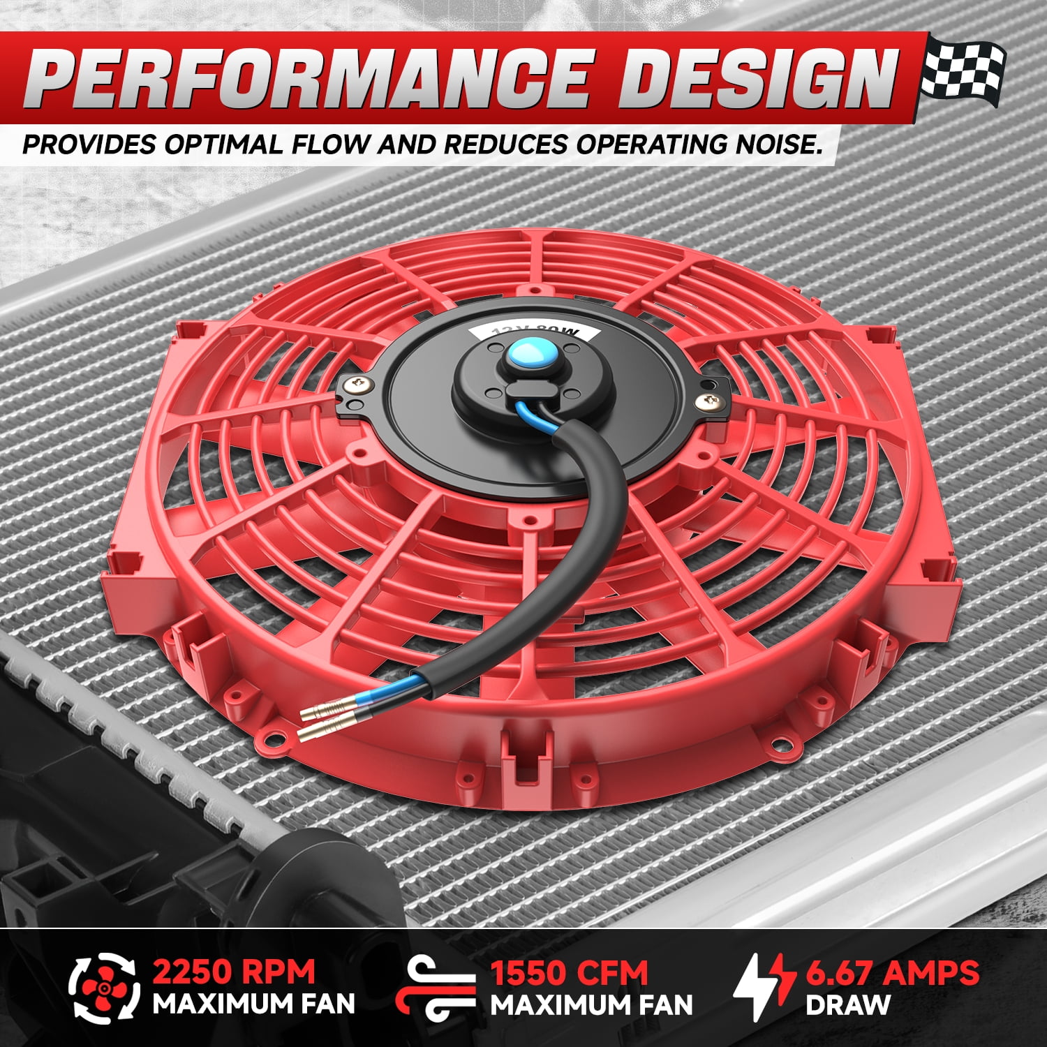 DNA Motoring 12 Inch Universal Slim Pull/Push Radiator Engine Bay Cooling Fan + Mounting Kit Red