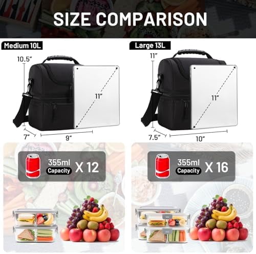 Adult Lunch Box Insulated Lunch Bag Large Cooler Tote Bag for Men, Women, Double Deck Cooler(Black Large)