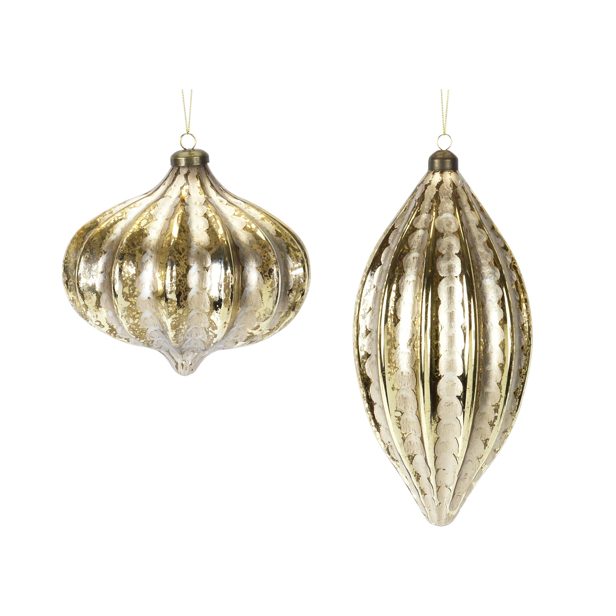 Set of 12 Antique Gold Glass Ornaments 9.25” H