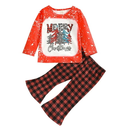 

Sunisery Infant Baby Girls Christmas Clothes Sets 2Pcs Cartoon Plaid Long Sleeve Pullover Tops Flare Pants Orange 3-4 Years