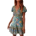 thumbnail image 2 of Robes d'Été Col en V Aguichant Bohème Imprimé Robe Courte Jupe Mode Robe Femme Verte TG, 2 of 4