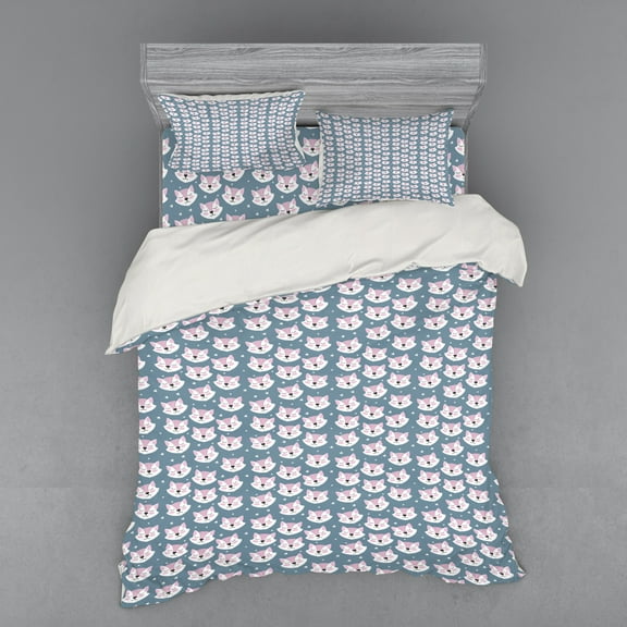 Fox Duvet Cover Set, Sleeping Fox Faces with Sky Stars Scandinavian Style Children Cartoon, Bedding Set with Shams and Fitted Sheet, 3 Sizes, by Ambesonne