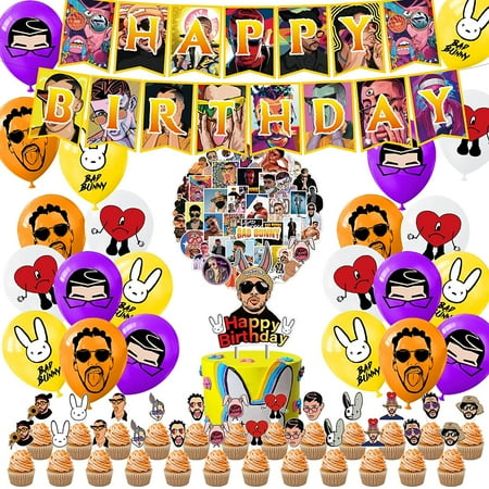100 Pcs Bad Bunny Party SuppliesIncludes Birthday Banner, Cake Topper, Cupcake Toppers, Balloons and Sticker, for Boys and Girls Party Decorations