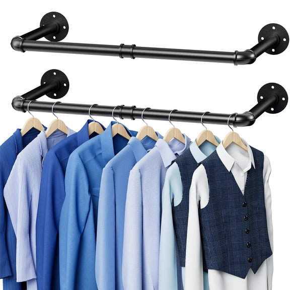 JKXTDKS 2 Pack Black Industrial Pipe Wall Mount Garment Rack, Multi-Purpose Hanging Rod for Closet Storage