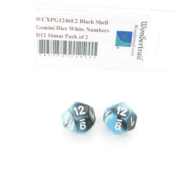 Black and Shell Gemini Dice with White Numbers D12 Aprox 16mm (5/8in) Pack of 2 Wondertrail