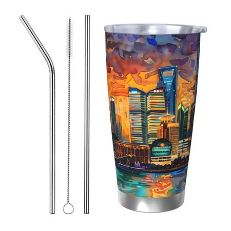 

Bingfone Neon Shanghai Cityscape Night for 20 Oz Stainless Steel Travel Mug Double Wall Water Coffee Cup for Home Office Outdoor Works Great for Ice Drinks and Hot Beverage-Straw Three-piece Set