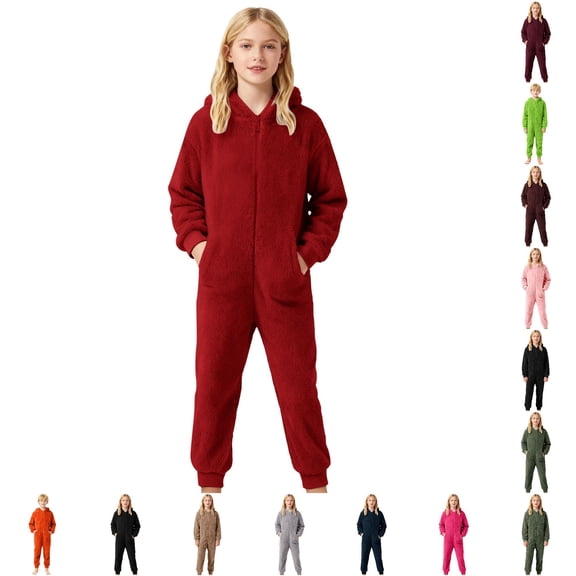 WhouRiu Girls Casual Solid Color Jumpsuit Long Sleeve Hooded Romper Kids Autumn Winter Warm Cozy Fuzzy Homewear,7-8 Years
