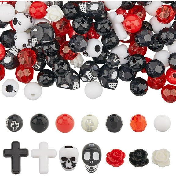 500Pcs Bead Kit Stone Beads Black Red White Rose Flower Gothic Charm Crosses Charms Loose Spacers for Jewelry Making Bracelets Necklaces DIY Crafts Gift Supplies