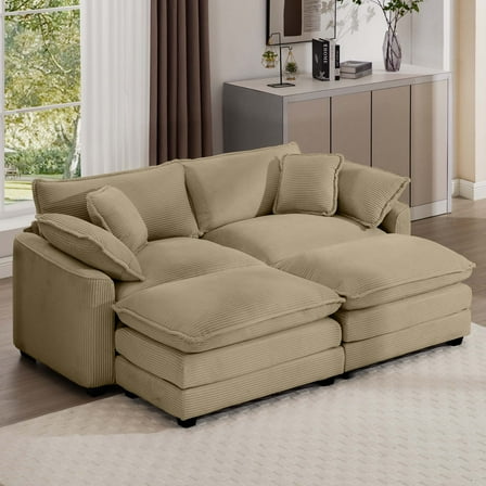CoSoTower Corduroy Two-Seater Sofa with 2 Footrest, 2-Seater Sofa with Ottoman for Small Living Spaces, Tan Corduroy Sofa