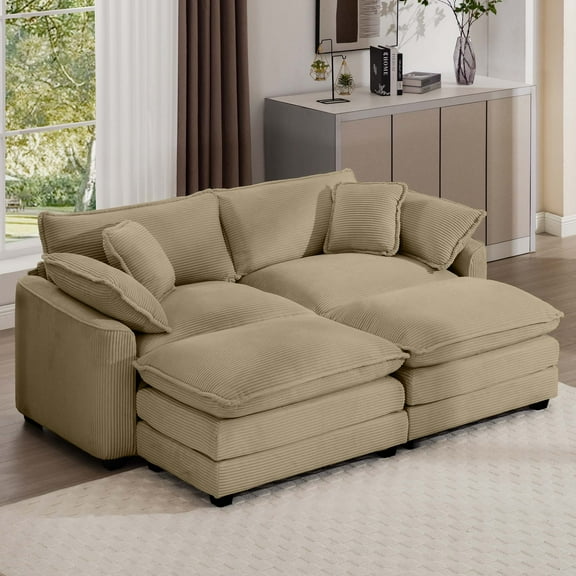 CoSoTower Corduroy Two-Seater Sofa with 2 Footrest, 2-Seater Sofa with Ottoman for Small Living Spaces, Tan Corduroy Sofa