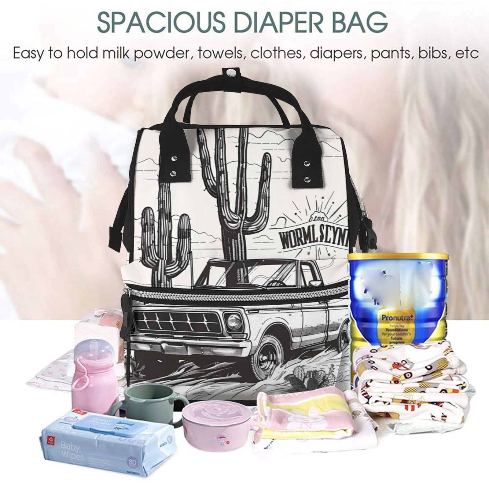 Fuzoiu Vintage Cactus Pickup Print Diaper Bag Backpack,Baby Essentials Travel Tote,Multi function Waterproof Diaper Bag, Travel Essentials Baby Bag - Unisex