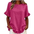 thumbnail image 3 of VBVC Women's Cotton Blend Ruffle Trim Blouse, Ladies' Lightweight Short Sleeve Top, Casual Crew Neck Shirt For Women,Hot Pink,S-2XL, 3 of 6