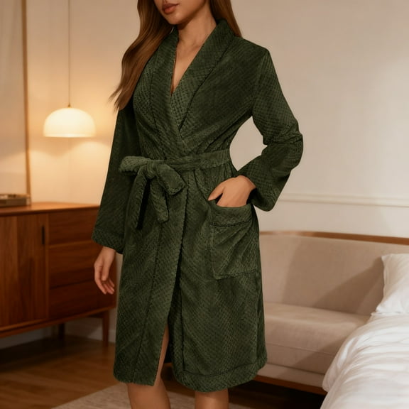 Zunfeo Women's Cozy Soft Bathrobe - Warm Plush Quick-Drying Mid-Length Robes for Shawl Collar, Belted with Pockets Green S