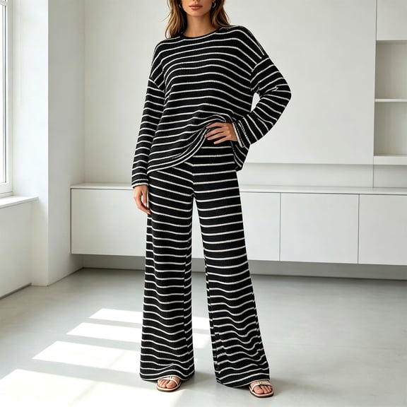 Mifsaly Womens 2 Piece Striped Knit Lounge Set Crewneck Long Sleeve Pullover Top and Wide Leg Pants Casual Matching Outfit Soft Relaxed Fit for Travel Fall Winter Daily