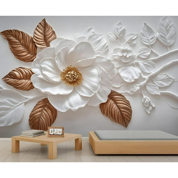 Stereo White Flowers Wall Mural, Relief Gold Leaves 3D Wallpaper Mural, Nordic Modern Luxury Art Wall Murals Wallpaper For Boys And Girls Bedroom 55"W x 28"H (Not Peel and Stick)