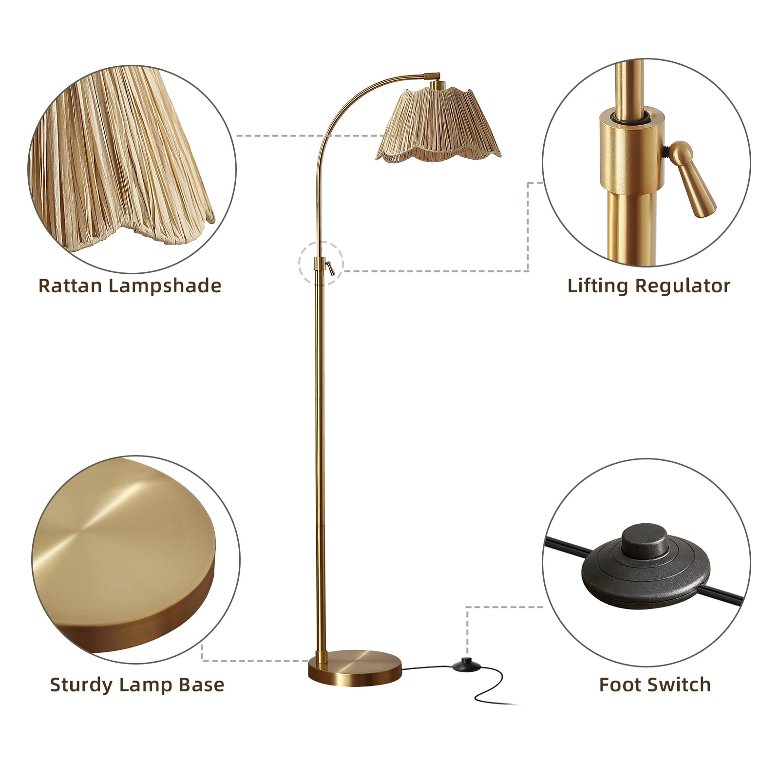 RORIA 64” Curved Floor Lamp, Height Adjustable gold Standing Lamp,with a woven paper shade, perfect for bedrooms, living rooms, and offices (bulb included)