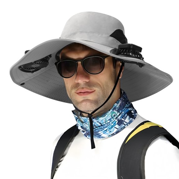 Solar Powered Dual Fan Fishing Hat Wide Brim UPF 50 USB Rechargeable Outdoor Cooling Hat for Hiking Camping(Gray,50-60cm)
