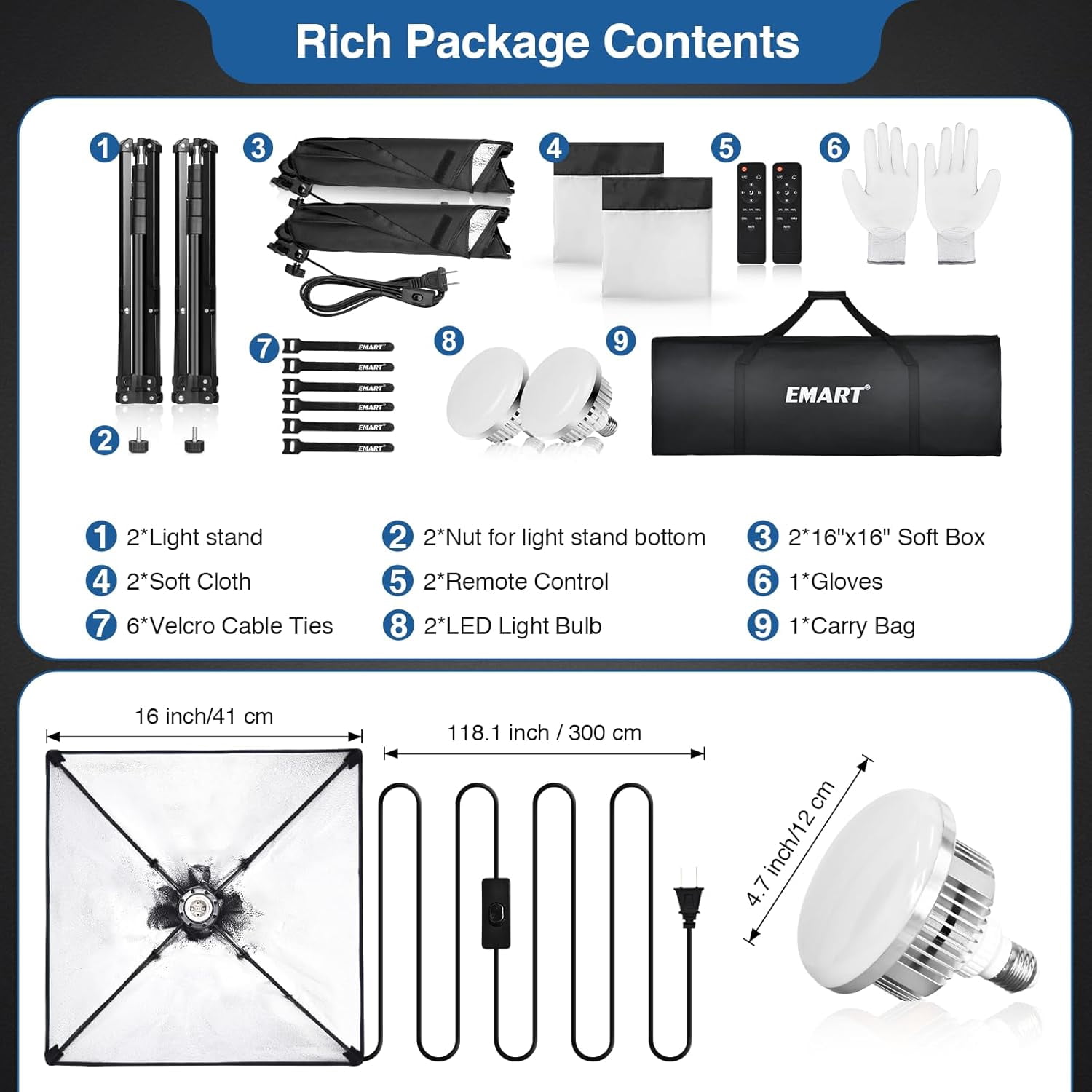 EMART 16×16" Professional Softbox Lighting Kit, 3000K-6000K 85W LED Bulbs with Remote for Studio, Photography, YouTube, and Live Streaming, 2 Pack