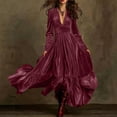 thumbnail image 2 of Women's Fall Winter Vintage Velvet Dress Short Sleeve V Neck Elastic Waist Tiered Ruffle A-Line Flowy Maxi Dress Hot Pink XL, 2 of 5