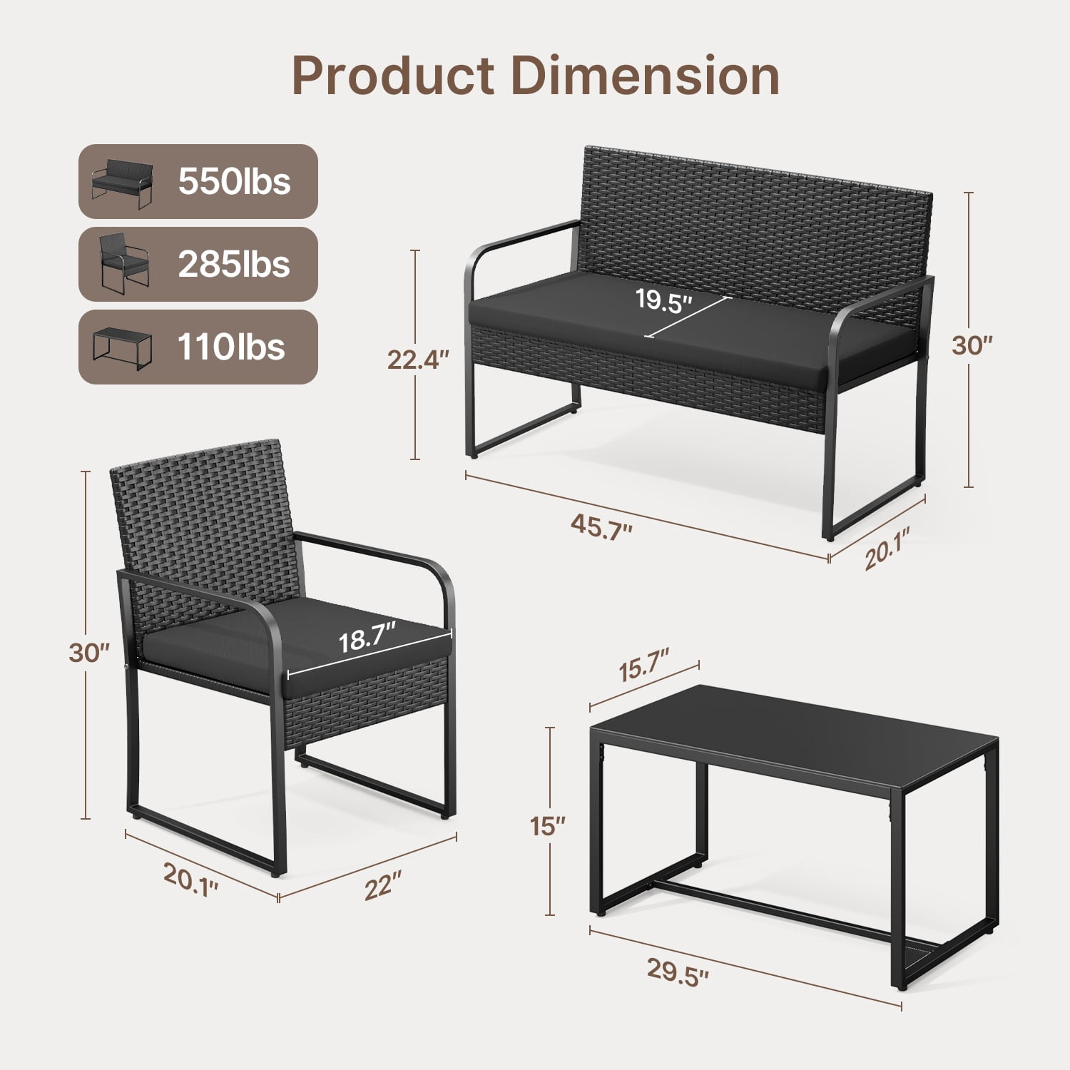 Asofer 4 Pieces Patio Furniture Set, All-Weather Outdoor Rattan Conversation Set with Glass Table for Lawn, Porch, Black