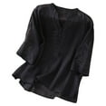 thumbnail image 1 of Top de verano de lino con cuello en V y bordado para mujer - Blusa informal de manga corta, holgada y de color liso, 1 of 8