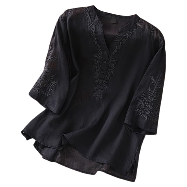 Top de verano de lino con cuello en V y bordado para mujer - Blusa informal de manga corta, holgada y de color liso