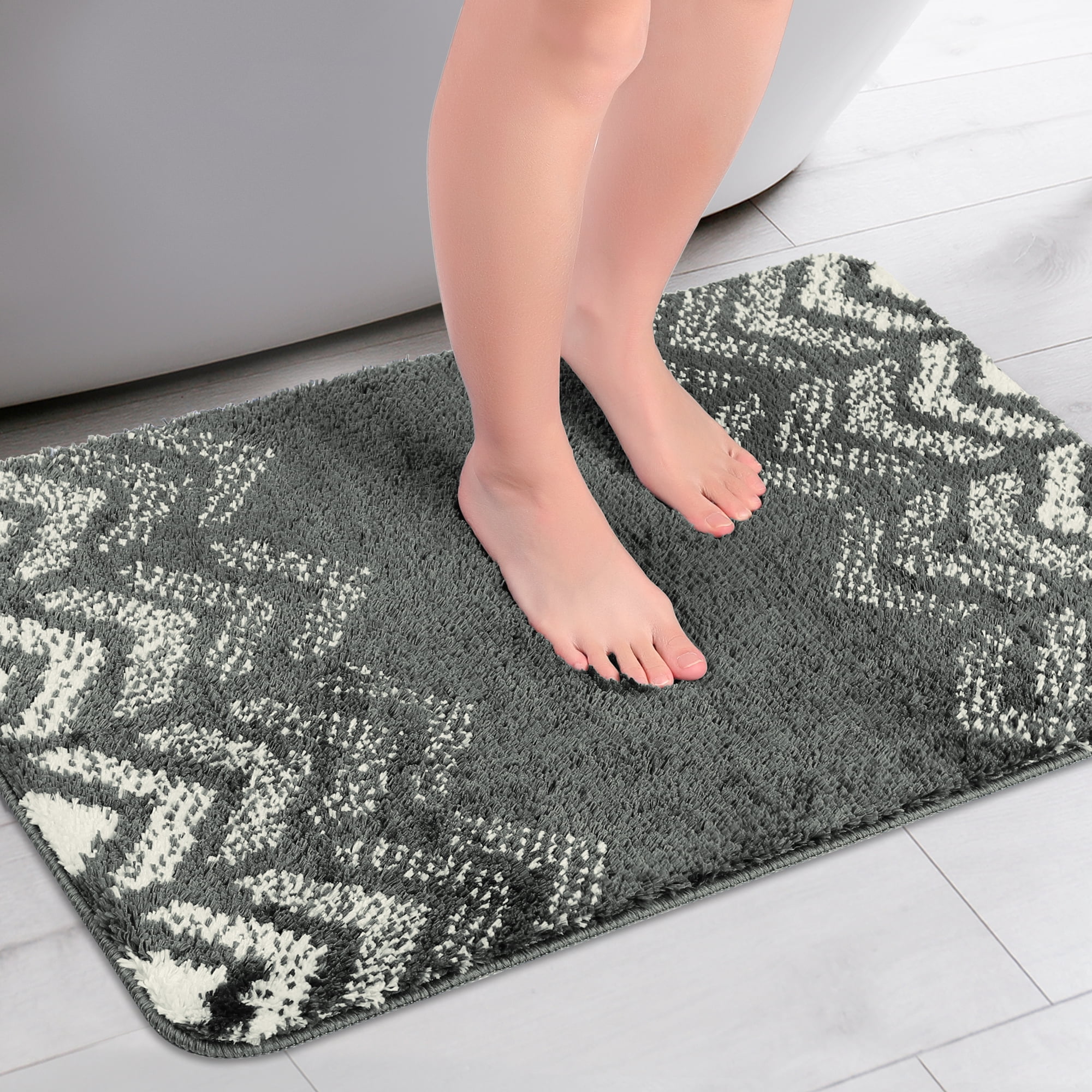 Unique Bargains 2 Pcs Geometric Patterns Bathroom Mats Absorbent Non-Slip Bath Rugs Dark Grey/Grey 20" x 32"