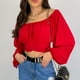 thumbnail image 2 of Blusa superior de camisa de color sólido con cuello en T y manga abullonada de verano a la moda informal y sexy para mujer Pompotops FGAJ19994, 2 of 7