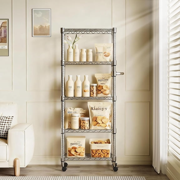 Towallmark 5-Tier Metal Storage Shelving Unit, 61"H x 23.6"D x 11.8"W, Heavy Duty Rolling Shelf with Wheels & Side Handle, 1100 LBS Capacity Adjustable Wire Rack for Kitchen Garage Pantry, Silver