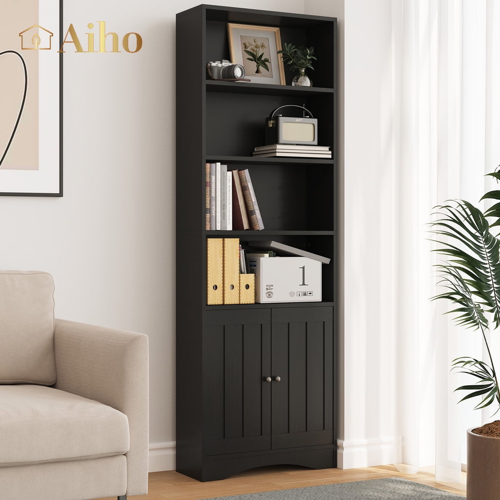 Aiho 71" H Bookcase, 6-Shelf Bookcase with Adjustable Shelves & Doors for Home Office, Living Room, Bedroom - Black