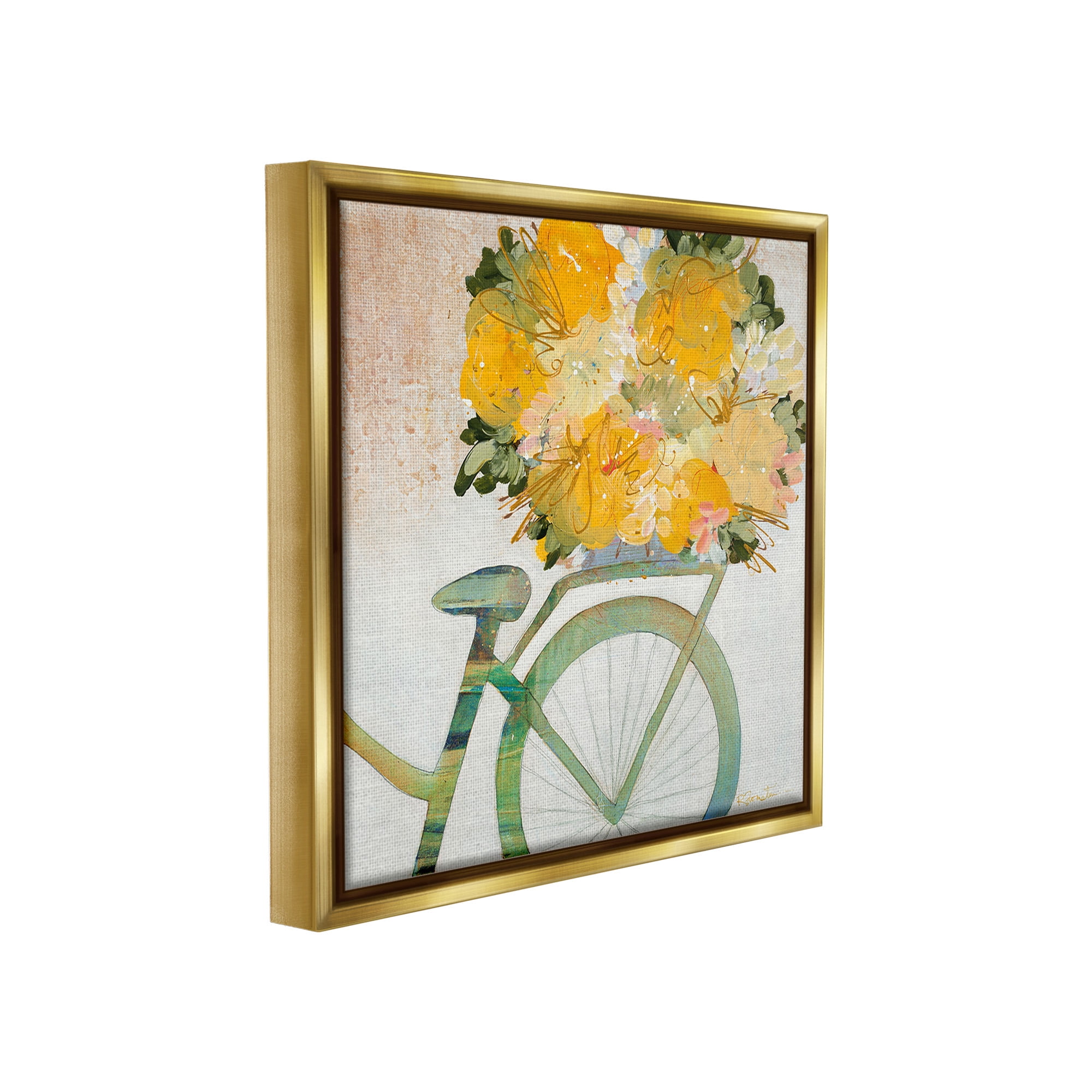 Stupell Industries Bicycle with Abstract Florals Botanical & Floral Painting Gold Floater Framed Canvas Art Print Wall Art, 25 x 25