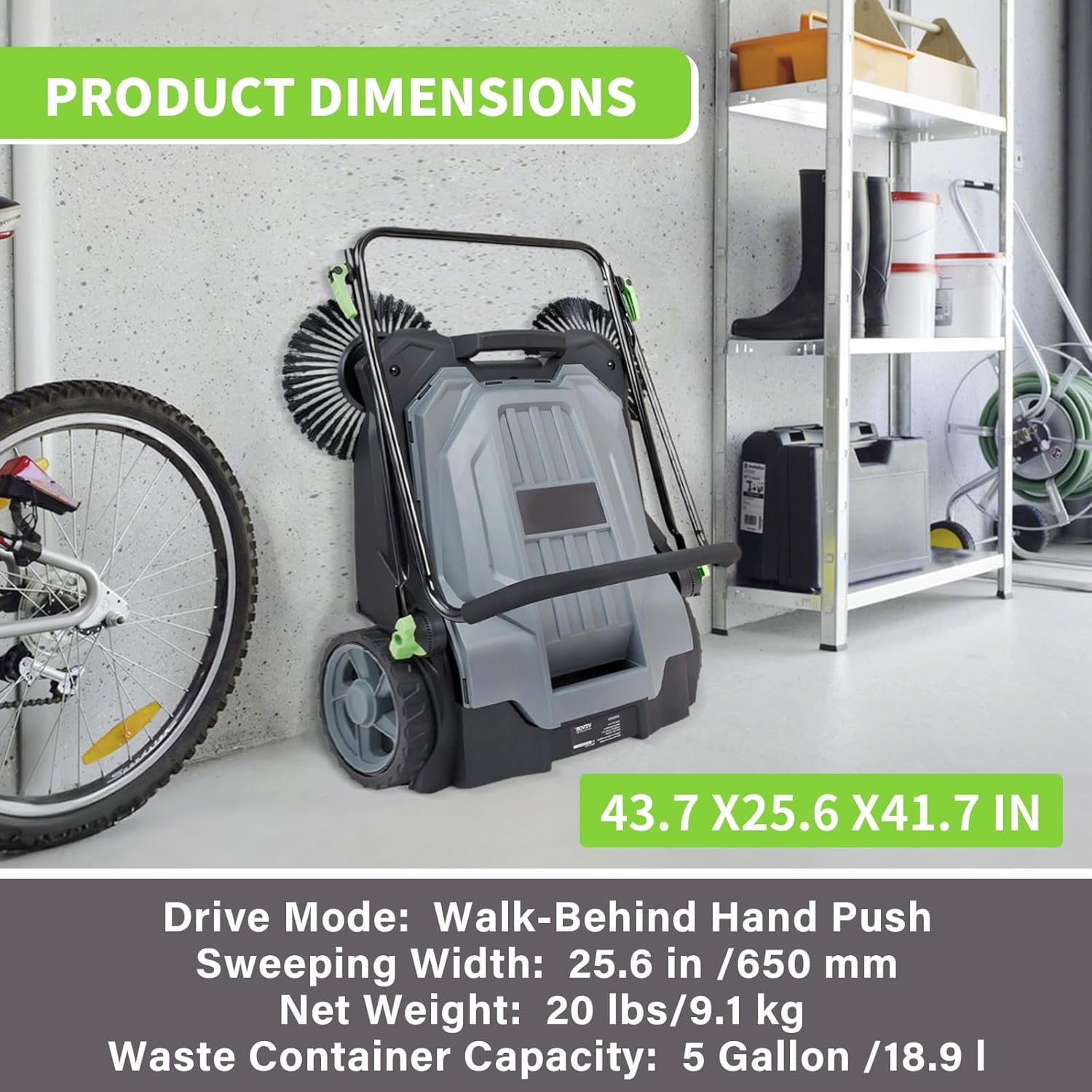 Walk-behind Hand Push Floor Sweeper, 25.6" Sweeping Width Floor Sweeper Manual Non-Electric, 5-Gallon Waste Container, Angle & Height Adjustable Folding Handle for Walkway, Yard, Garage, Patio
