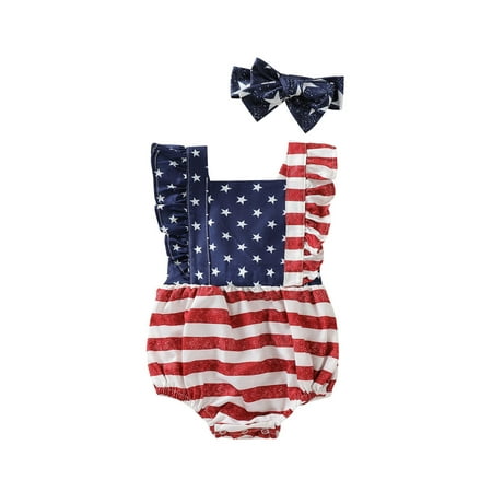 

Bagilaanoe 4th of July Newborn Baby Girl Rompers Star Print Sleeveless Bodysuit + Headband 6M 9M 12M 18M Infant Backless Ruffle One Piece Short Jumpsuit for Independence Day