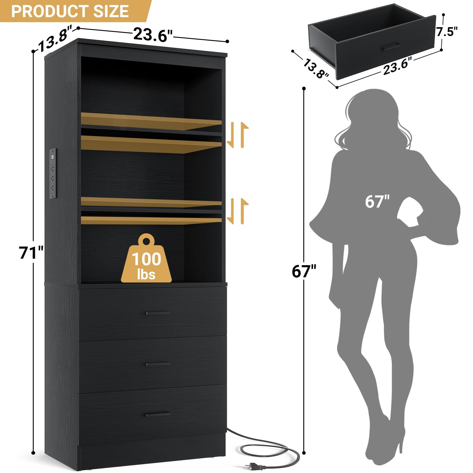 Homieasy 71" Tall Bookcases with 3 Large Drawers & 3 Shelves, Wooden Bookshelf for Living Room Office, with USB Ports & Outlets.Black