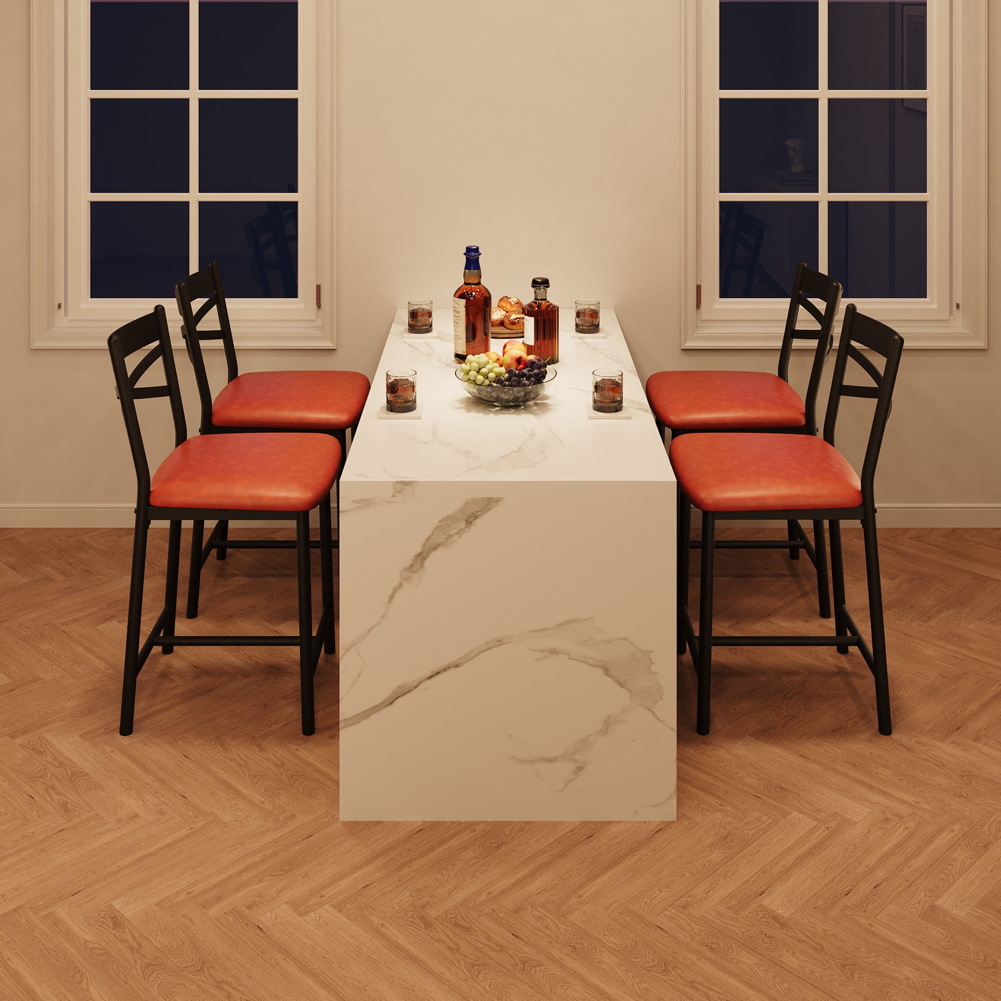 Modern Bar Stool Set of 2, Upholstered Counter Height Bar Chairs with X-Back, Soft PU Leather, Heavy Duty Metal Frame for Kitchen Island Restaurant