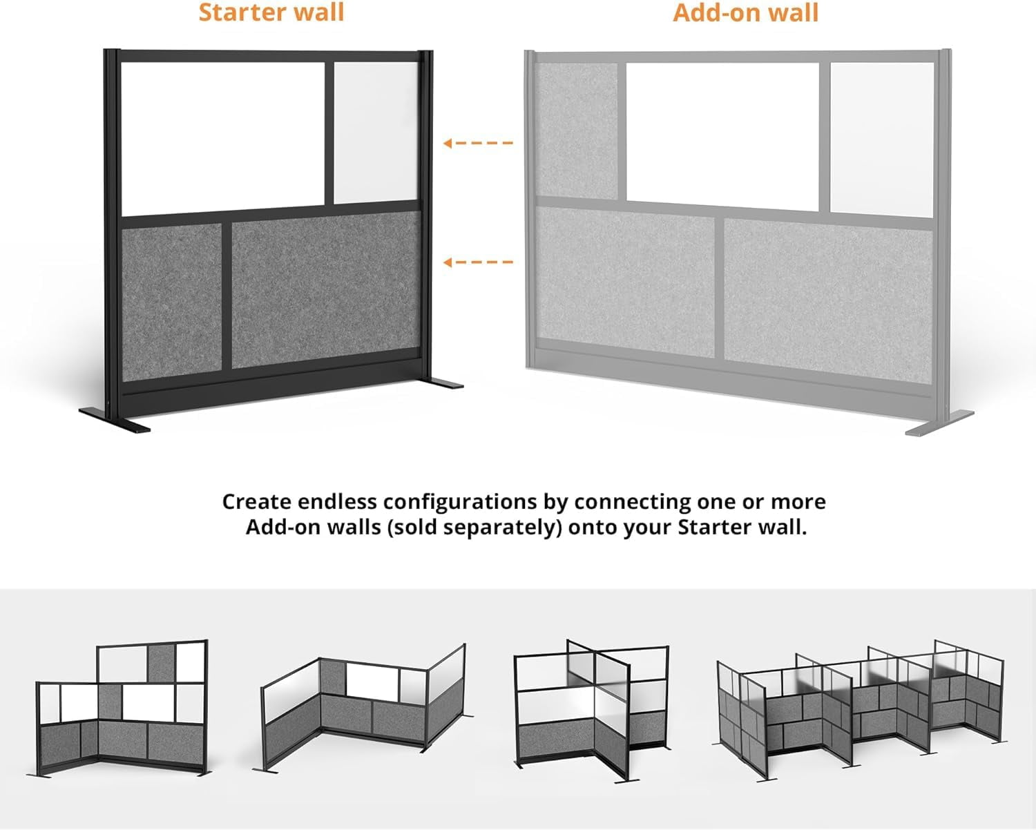 Stand Up Desk Store Workflow Modular Wall | 53'' x 48'' Wall | Expandable Partition Room Divider with Rearrangeable Frosted Acrylic, Sound Absorbent and Whiteboard Panels (Black Frame)