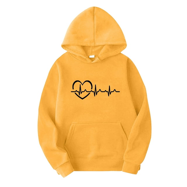 Sudadera con capucha Gibobby casual de manga larga con estampado de electrograma para mujer Amarillo S