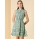 thumbnail image 4 of Mini vestido floral de gasa con volantes y cintura fruncida de una línea para mujer Verde M, 4 of 6