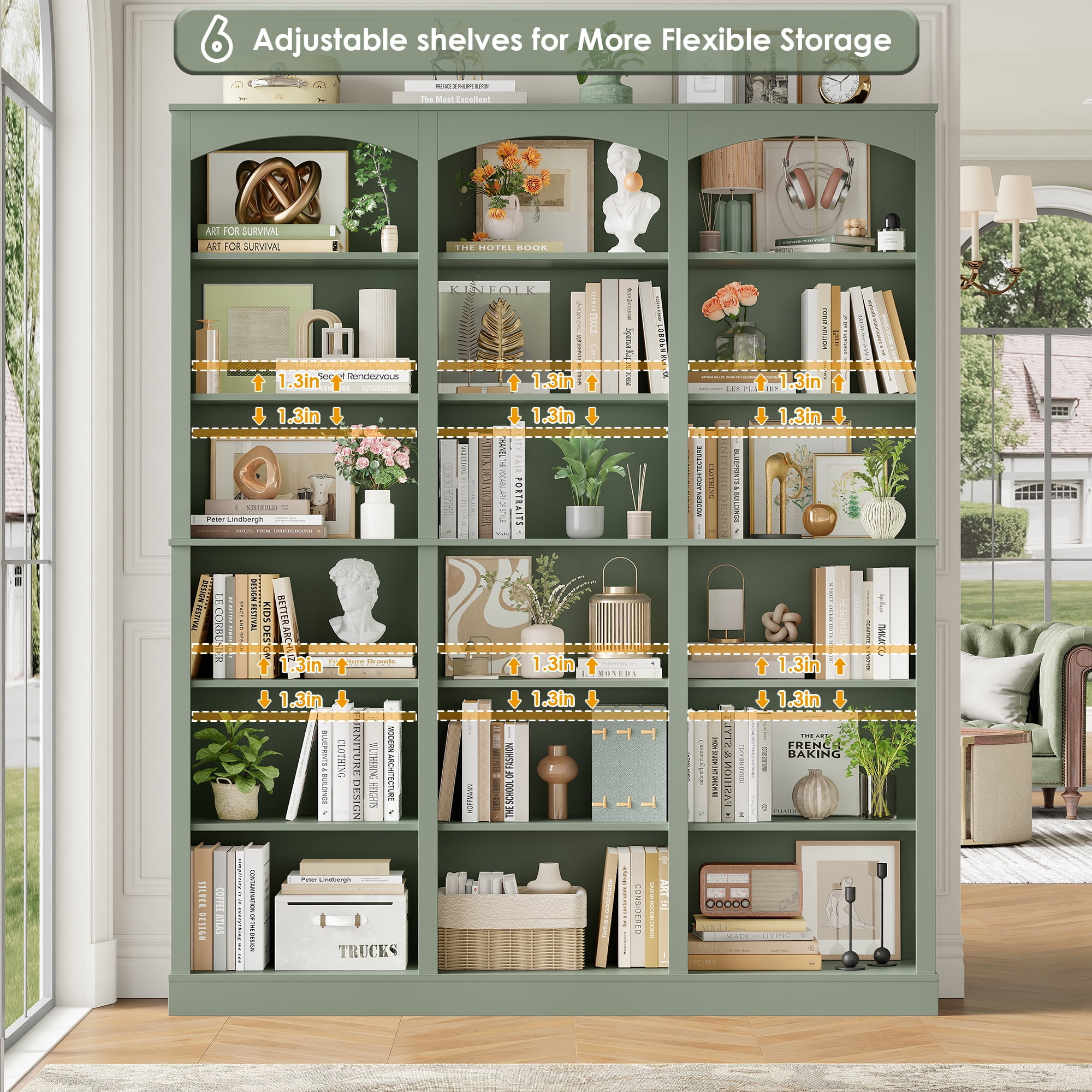 Homfa 18-Cube Bookcase and Bookshelves, 71.2" Triple Width 6-Tier Freestanding Arch Library Cabinet for Home Office Living Room, Green